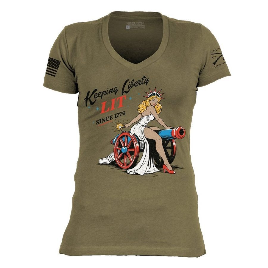 Grunt Style Women's Keeping Liberty Lit V-Neck - Military Green