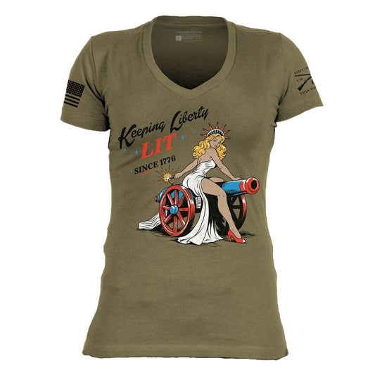 Grunt Style Women's Keeping Liberty Lit V-Neck - Military Green